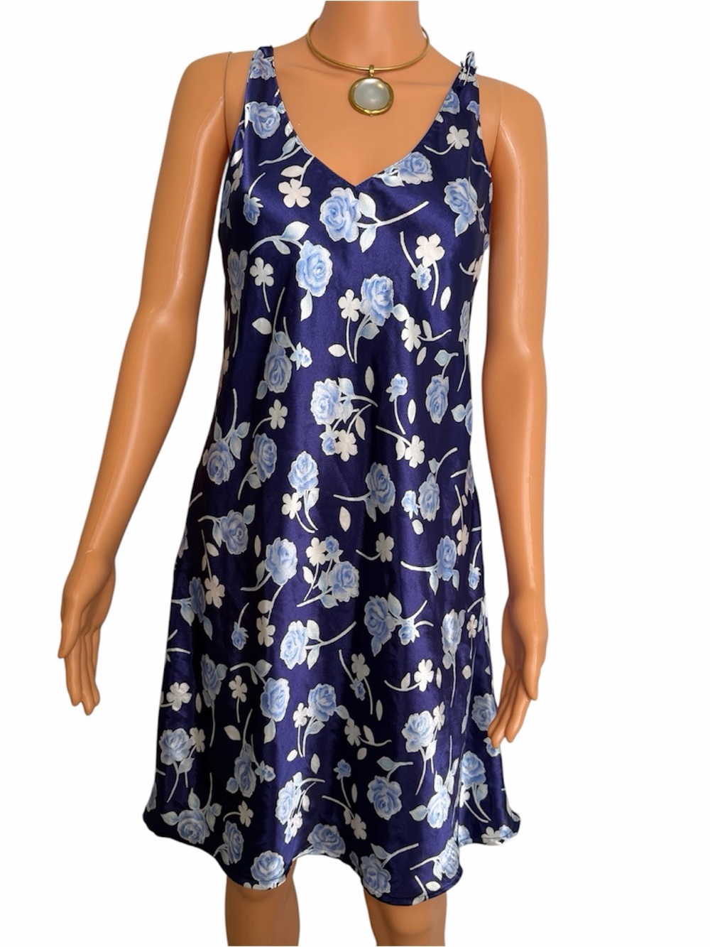 Vintage Y2K Navy Blue Floral Rose Print Satin Slip Dress Tie Strap